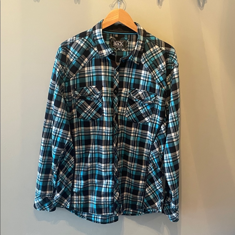 Buckle Black Mens Button Plaid Shirt in black, white and teal size XL